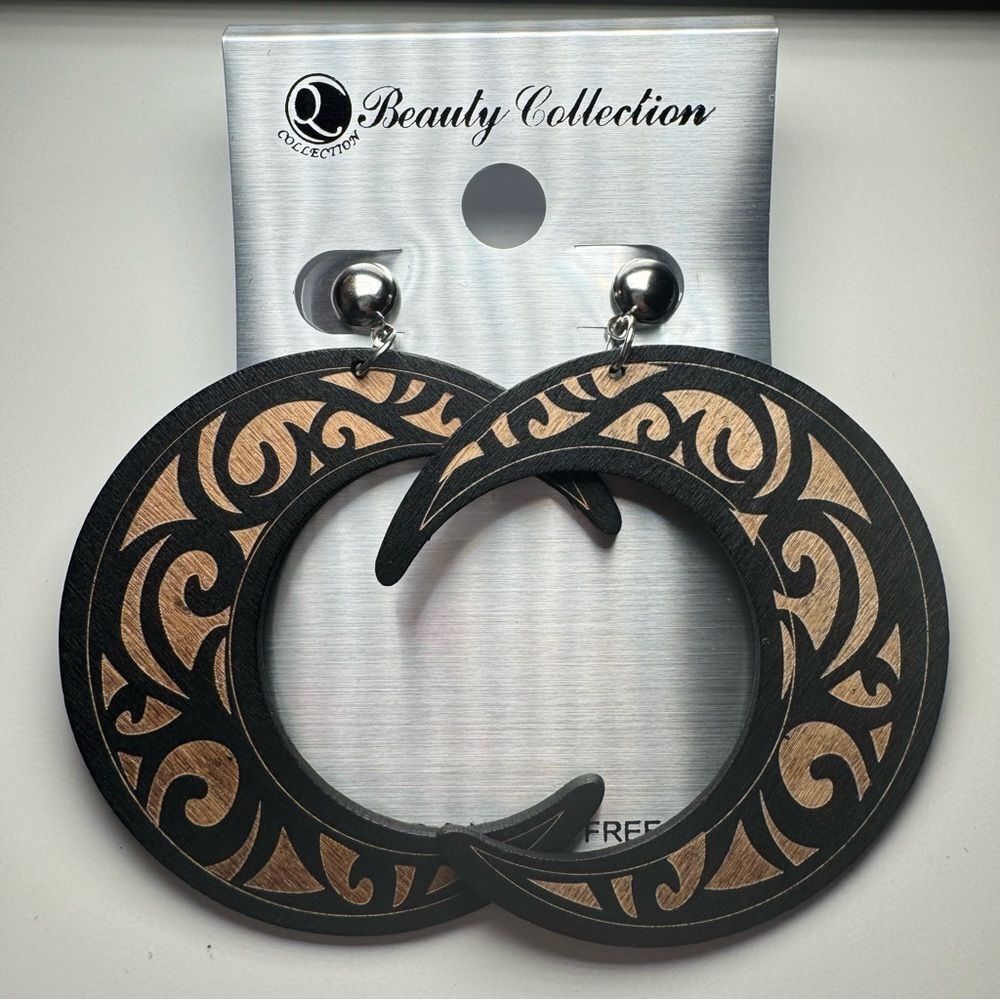 Beauty Collection Tribal Black/Brown Wood Statement Stud Earring